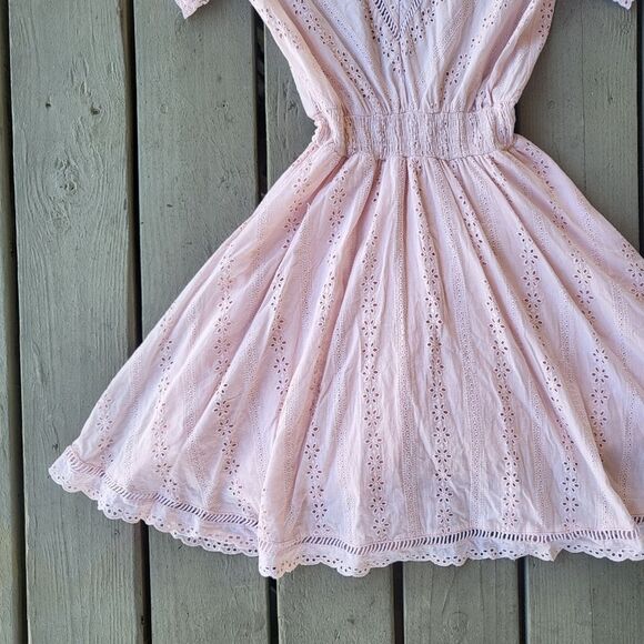Stellah Blush Pink Cotton Embroidered Eyelet‎ Fit & Flare Cottagecore Mini Dress - Picture 3 of 6
